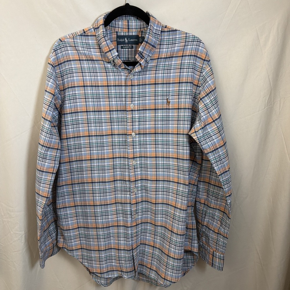 Ralph Lauren Classic Fit Plaid‎ Button Down Shirt Men's L Blue Orange Pony Logo